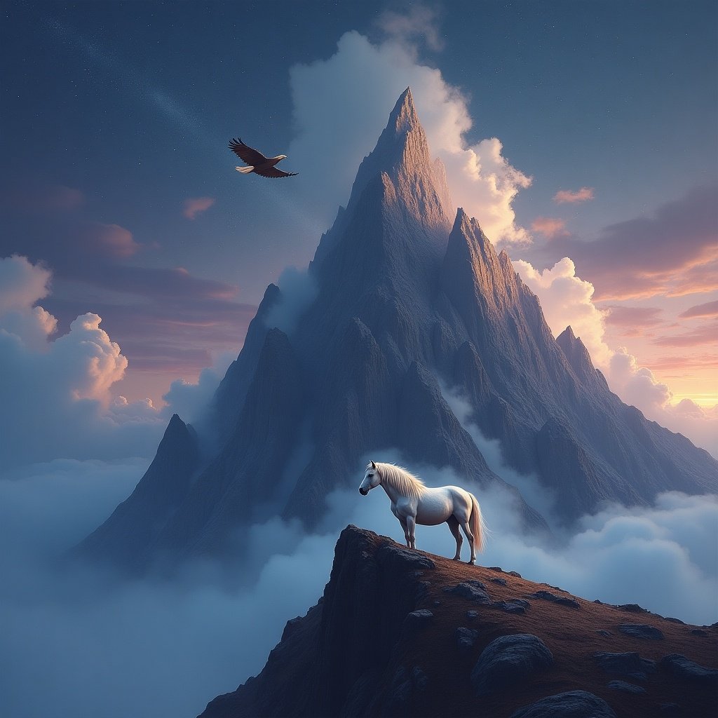 The image showcases a jagged mountain peak rising dramatically above a sea of swirling clouds. The rocky surface is rugged and sharp, contrasting with the soft, billowing mist around it. In the backdrop, a dusky twilight sky transitions from deep purples and blues to a darker, star-filled expanse. Standing atop the peak is a majestic white horse, gazing intently at an eagle soaring overhead. The overall atmosphere is magical and otherworldly, inviting the viewer into an enchanting scene.