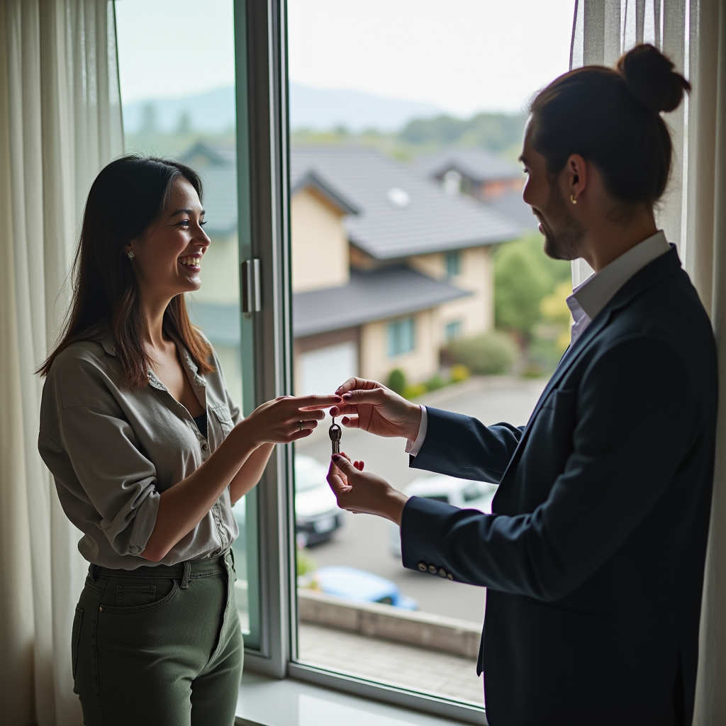 A man hands keys to a woman inside a brightly lit room, with houses visible outside the window.