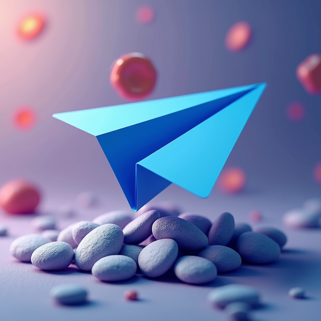 A blue paper plane hovers above smooth stones with a soft-focus background.