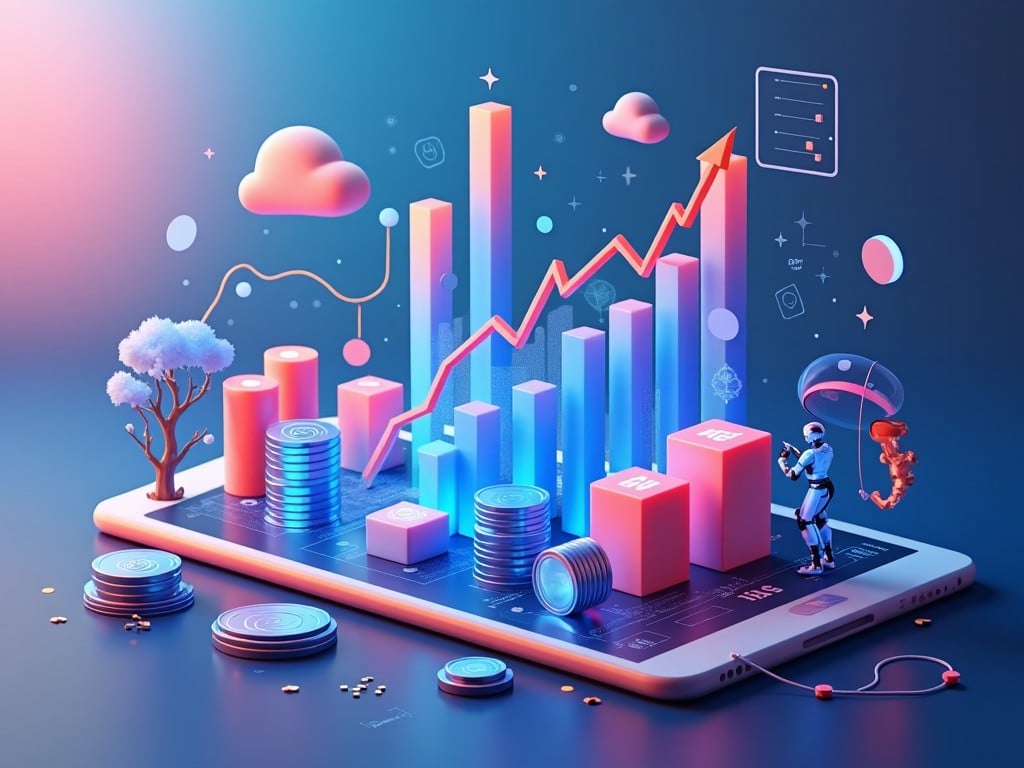 A futuristic technology-themed digital artwork featuring a 3D bar graph with an upward trend line emerging from a tablet, surrounded by elements like coins, trees, clouds, and robots, symbolizing data, finance, and innovation.