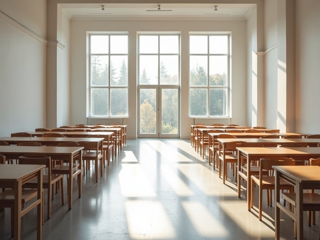 The image depicts a spacious classroom filled with wooden desks arranged neatly in rows. Bright sunlight floods in through large windows, creating a warm and inviting atmosphere. The design is simple, with neutral walls and a clean floor, emphasizing the functionality of the space. The view outside shows a natural setting, highlighting tranquility and focus. This environment is ideal for education and learning.