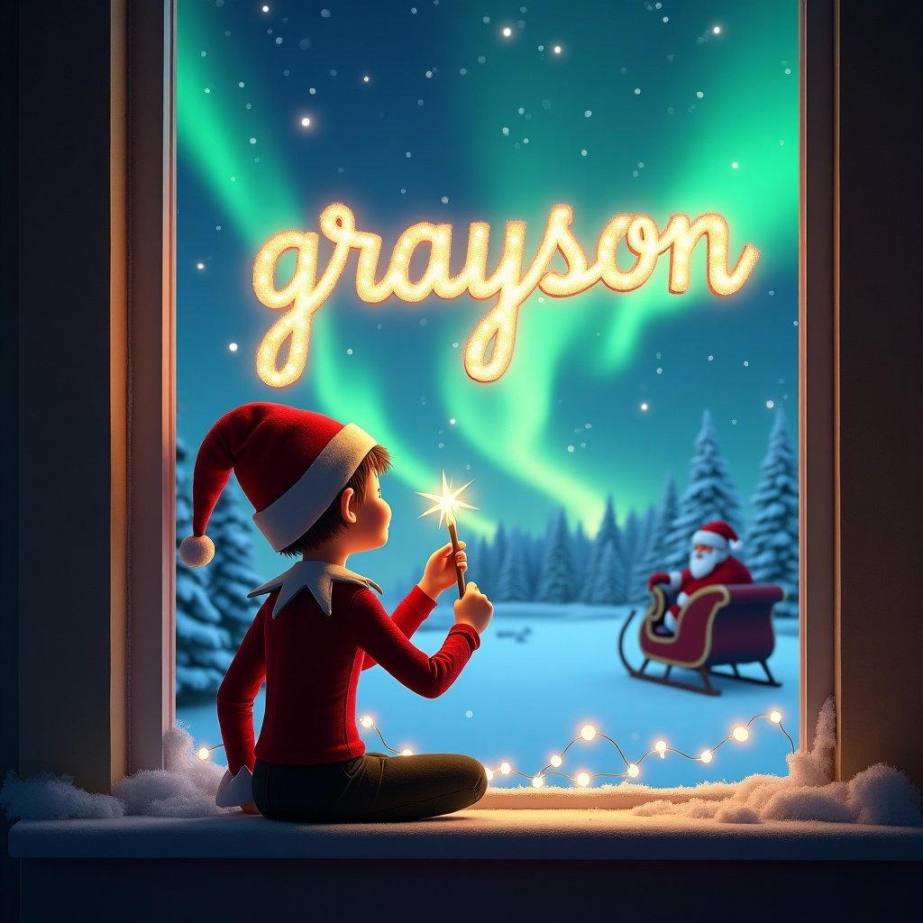 The image features an enchanting Christmas scene. An elf sits on a window ledge, back to the viewer. Using a wand, he writes the name 'grayson' in shimmering lights. The background showcases colorful northern lights and a snowy landscape. In the distance, Santa Claus is seen in his sleigh, enhancing the festive spirit.