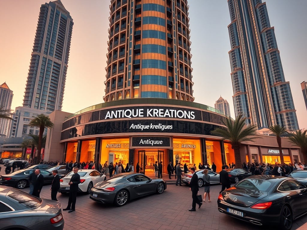 This image captures the bustling atmosphere outside a luxury store named 'Antique Kreations', surrounded by sleek modern skyscrapers. Under the glow of a warm evening light, numerous well-dressed individuals mingle near high-end cars, creating a scene of opulence and affluence. The architecture around adds a sense of grandeur and modernity.