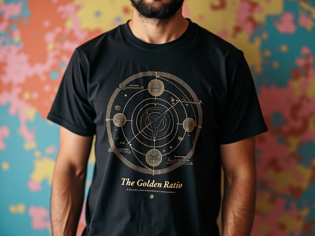 a person wearing a black t-shirt with a gold design of the solar system and the text 'The Golden Ratio', against a colorful abstract background