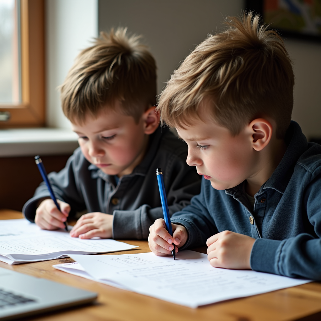 Two young boys sit intently at a table, working on papers with pens, suggesting they are engaged in studying or drawing.