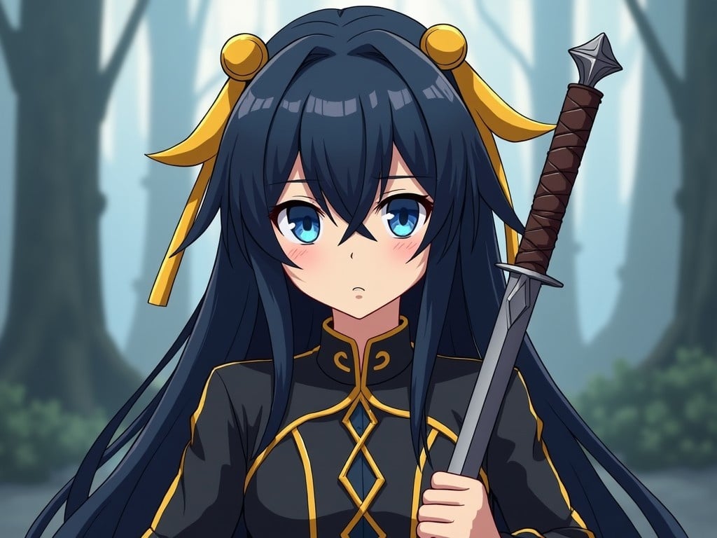 This image features an anime-style character holding a sword. The character has dark hair adorned with yellow accessories and striking blue eyes. They are dressed in a dark, ornate outfit that has gold accents and a wide collar. The background appears to be a misty forest, adding a mysterious atmosphere. The character has a serious expression, suggesting they are focused or ready for action. The overall art style is vibrant and detailed, emphasizing the character's features and attire.