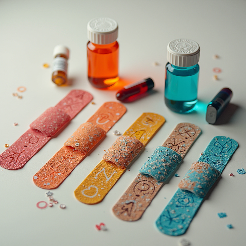 Colorful bandages and bottles arranged playfully on a white surface.