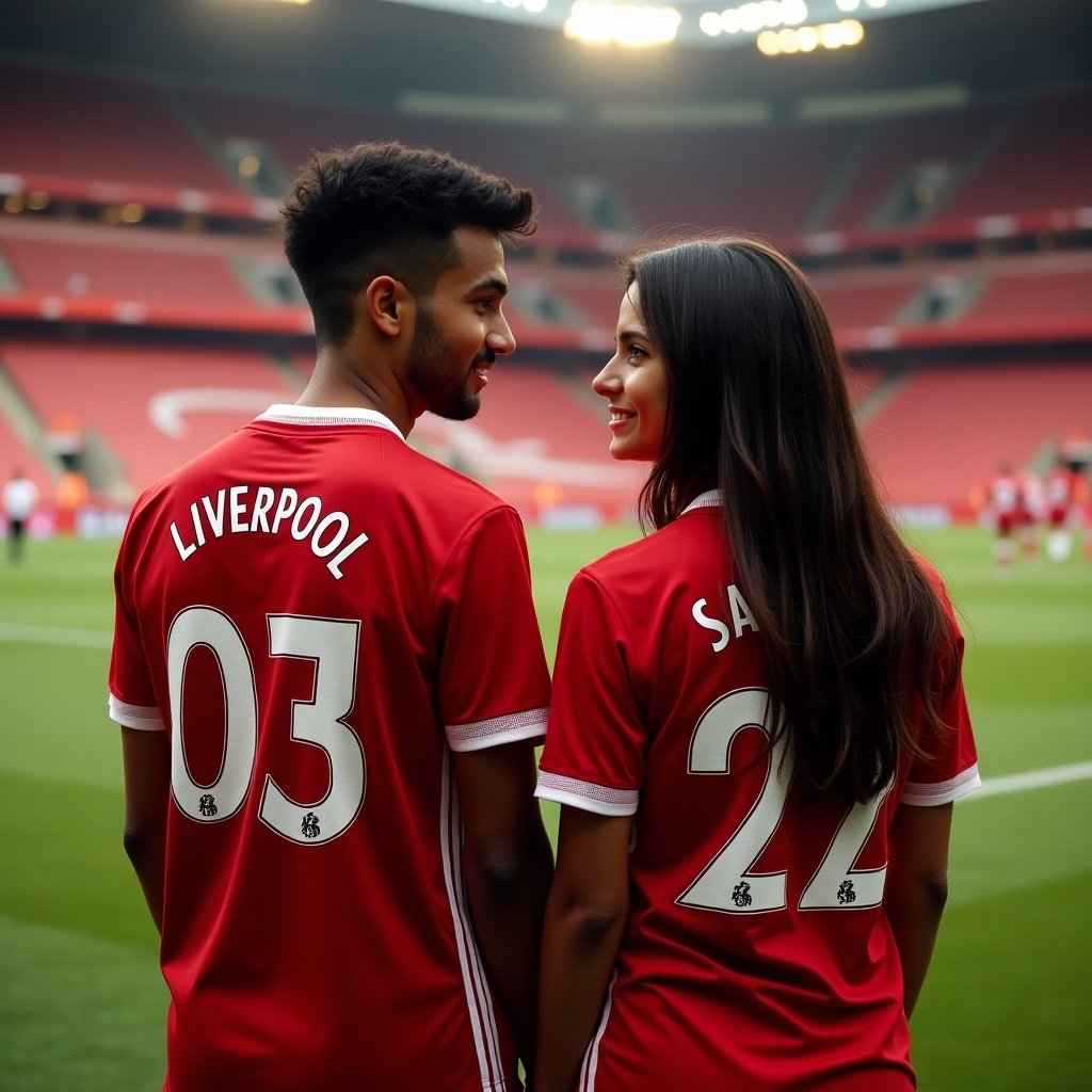 A young Indian man and woman stand close together on a sports field, wearing Liverpool Football Club jerseys with the numbers 03 and 22. They are looking at each other with smiles, demonstrating a warm connection. The stadium in the background is empty but vibrant, illuminated with warm orange lights. This setting captures the essence of football fandom. Their joyful expressions represent the spirit of sport and togetherness. The jerseys showcase their support for Liverpool FC, making the scene lively and engaging.