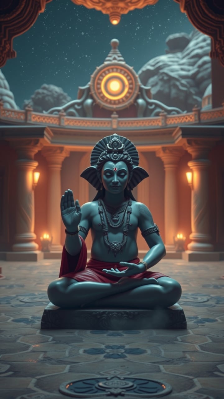 A mystical figure with blue skin is seated in a meditative pose within a grand, ornate temple. The figure wears intricate jewelry and a headdress, adding to the aura of divinity and calm. Warm, golden lighting from torches accents the ethereal atmosphere, while a celestial backdrop hints at otherworldliness.