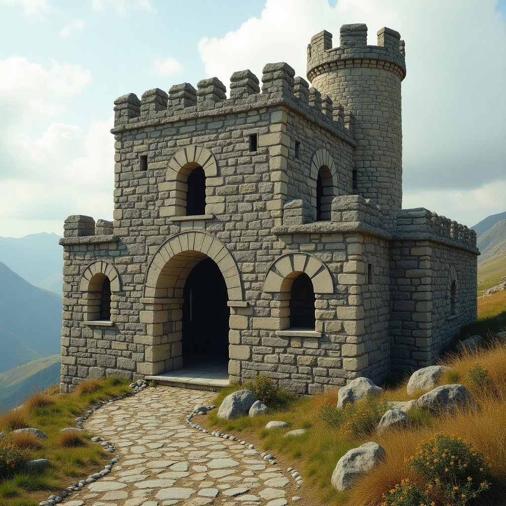 A humble yet mighty castle made of small stones stands proudly on a hillside. The castle's design allows you to see the individual stones, painstakingly laid one by one, showcasing the craftsmanship and dedication of its builders. Surrounding it is a winding stone pathway leading to the entrance, lined with patches of grass and wildflowers. In the background, majestic mountains rise, providing a beautiful contrast to the sturdy stone structure. Soft clouds drift across the sky, adding to the serene atmosphere of this peaceful setting.