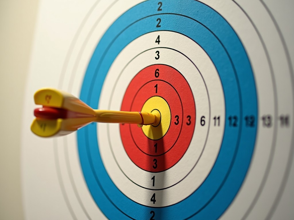 The image features a dartboard with a yellow and red dart stuck in the bullseye. The target consists of concentric circles in blue, red, and white. The dart is prominently displayed, showcasing precision and focus. This imagery evokes a sense of achievement and competition. The bright colors make it visually appealing and dynamic. The close-up perspective emphasizes the dart's positioning in the center of the target, representing success in hitting goals