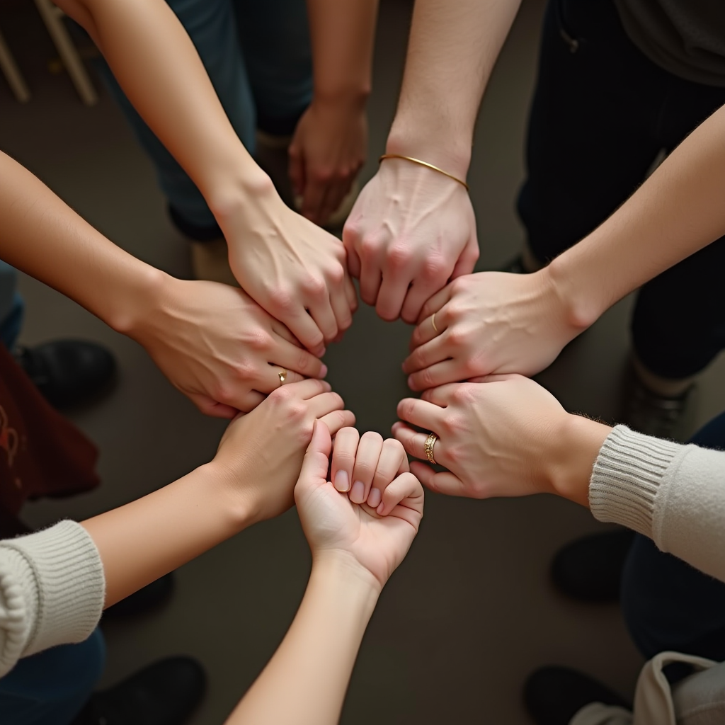 The image features a group of people forming a circle with their fists coming together in the center, symbolizing unity and teamwork. Each person's arm is extended towards the middle, creating a sense of inclusion and collaboration. The individuals wear casual clothing, and some have rings or bracelets, giving a touch of personalization. The background is neutral, keeping the focus on the hands and the symbolism of togetherness.