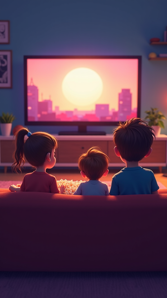 A family watches TV together, enjoying popcorn, as a sunset is displayed on the screen.