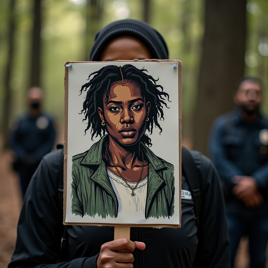 A person holds up a painted portrait sign in a forest, with police officers in the background.