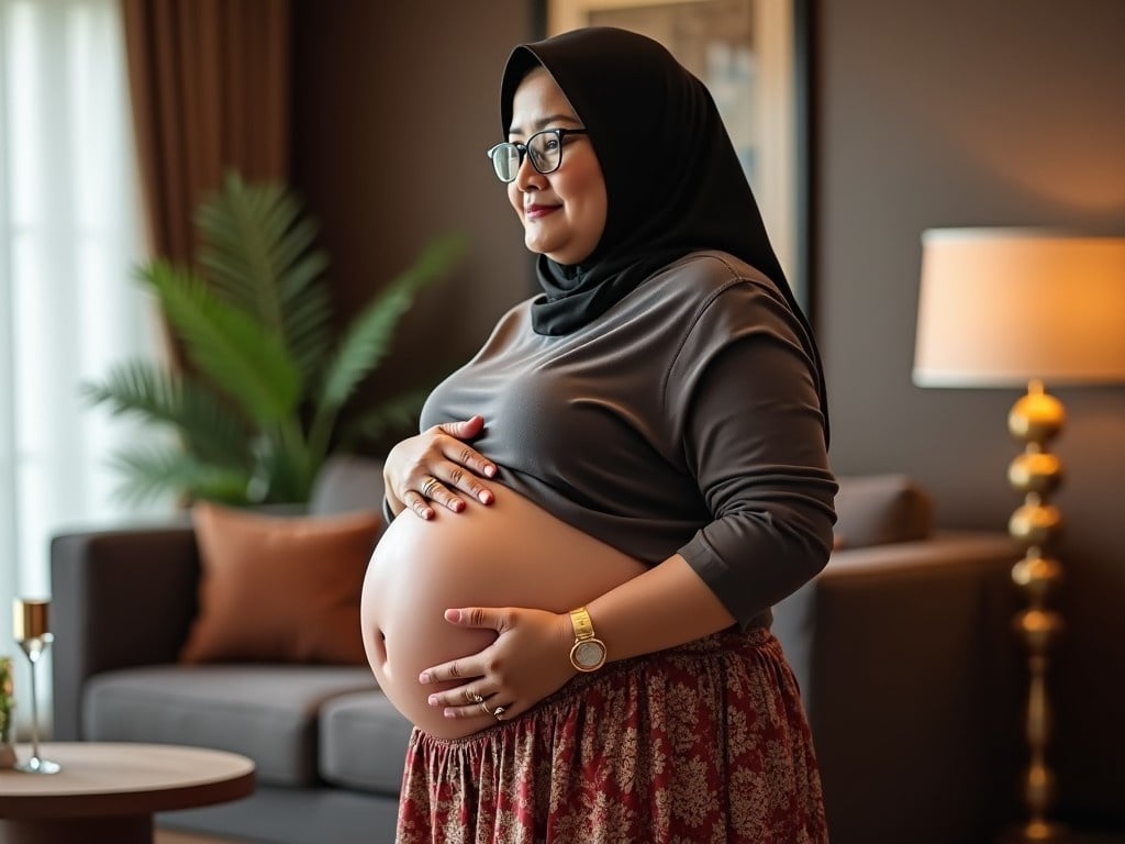 The image features a 56-year-old Indonesian woman who is pregnant with twins, showcasing her huge belly. She is dressed in a comfortable t-shirt and a beautiful batik skirt which emphasizes her curvy figure. The woman wears a hijab, adding to her stylish appearance. Set in a cozy hotel room, with warm lighting that creates an inviting atmosphere, she gently cradles her belly while looking content. The ambiance is elegant and reflects a sense of tranquility, making it a perfect setting for a maternity photoshoot.