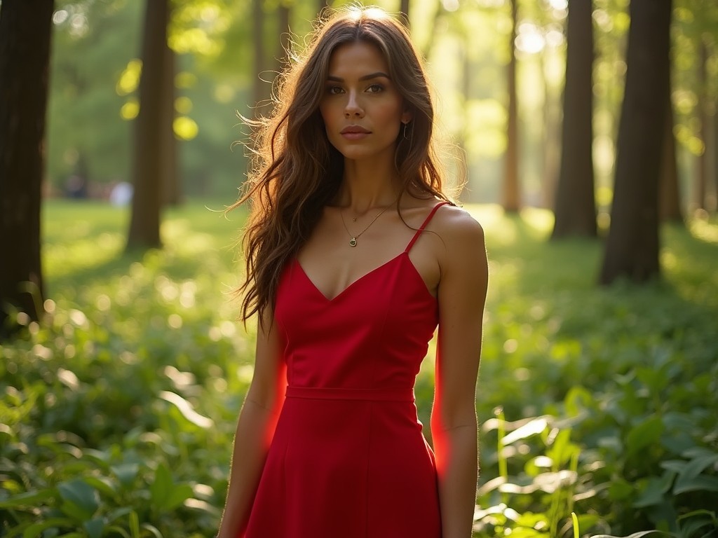 This image features a woman standing in a lush green forest. She is wearing a striking red dress that contrasts beautifully with the greenery around her. The soft light filters through the trees, creating a warm and inviting atmosphere. Her long hair flows gently in the breeze, adding to the ethereal quality of the scene. The image captures a serene moment in nature, highlighting both elegance and tranquility.