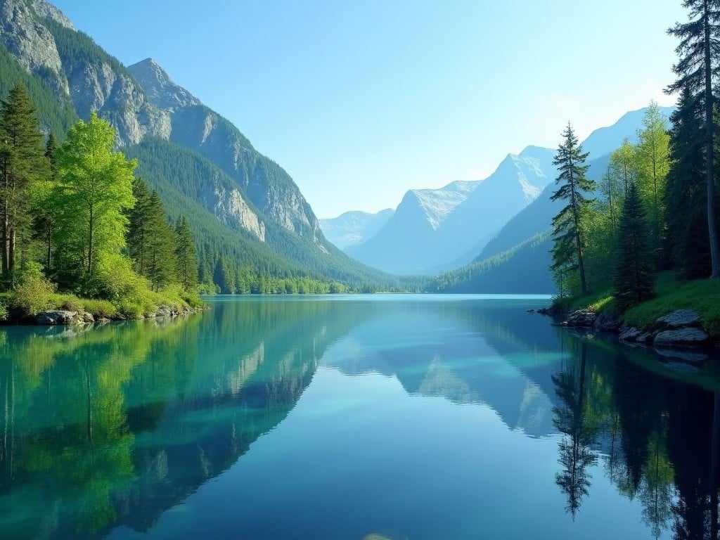 This image showcases a stunning mountain lake surrounded by lush greenery and towering mountains. The water is calm and reflects the beautiful landscape. The lighting is soft and tranquil, evoking a sense of peace and serenity. The vibrant greens of the trees contrast beautifully with the clear blue of the lake. This scene invites outdoor enthusiasts and nature lovers to explore its beauty.