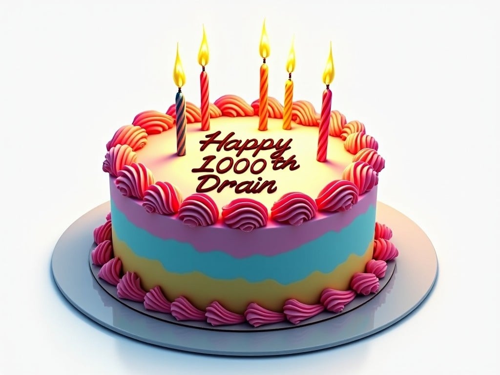 The image features a beautifully designed birthday cake celebrating a special 1000th milestone. The cake is topped with vibrant colored candles, each emitting a warm flame. On the cake's surface, the words 'Happy 1000th Drain' are elegantly written in icing. The cake has a delightful color scheme of pink, yellow, and blue, with decorative frosting swirls. The background is plain white, which makes the cake’s colors pop, creating a cheerful and festive feel.