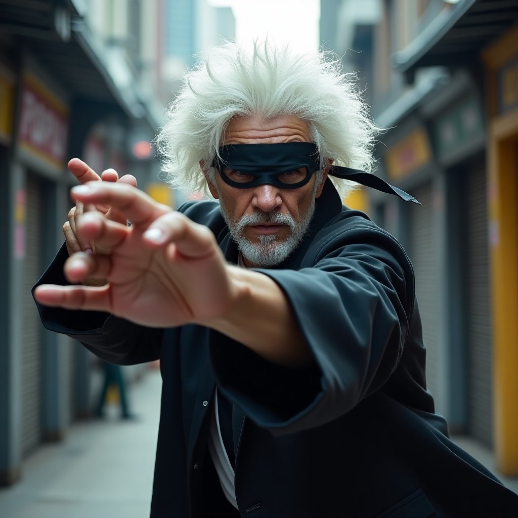 The image depicts a character in an intense fighting pose, illustrating action and readiness to engage in conflict. The character has striking white hair and is wearing a dark outfit that contrasts sharply with his hair. His hands are outstretched, and his expression is one of determination and focus. This scene is set in an urban environment, suggesting a gritty backdrop for the action. The atmosphere conveys a blend of excitement and tension, typical in an anime fight scene.