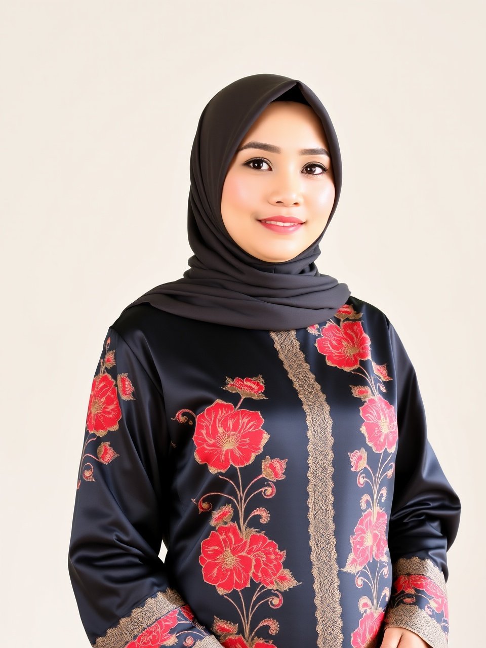 A woman wearing a hijab and a traditional floral dress, smiling gently against a neutral background.