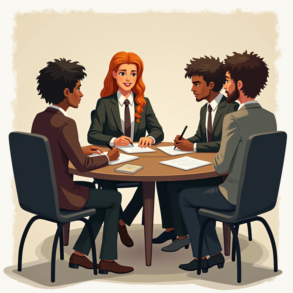 A group of four people sitting around a table engaged in a business meeting.