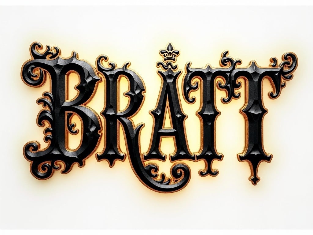 This image features the phrase 'BRATT' rendered in an elegant medieval style. The typography showcases classic lettering with elaborate flourishes and decorative elements. The letters are predominantly black with a glossy finish, standing out against a soft glow. This design is suitable for various creative applications such as branding, packaging, and event invitations. The intricate details in the typeface add a touch of sophistication to the overall presentation.