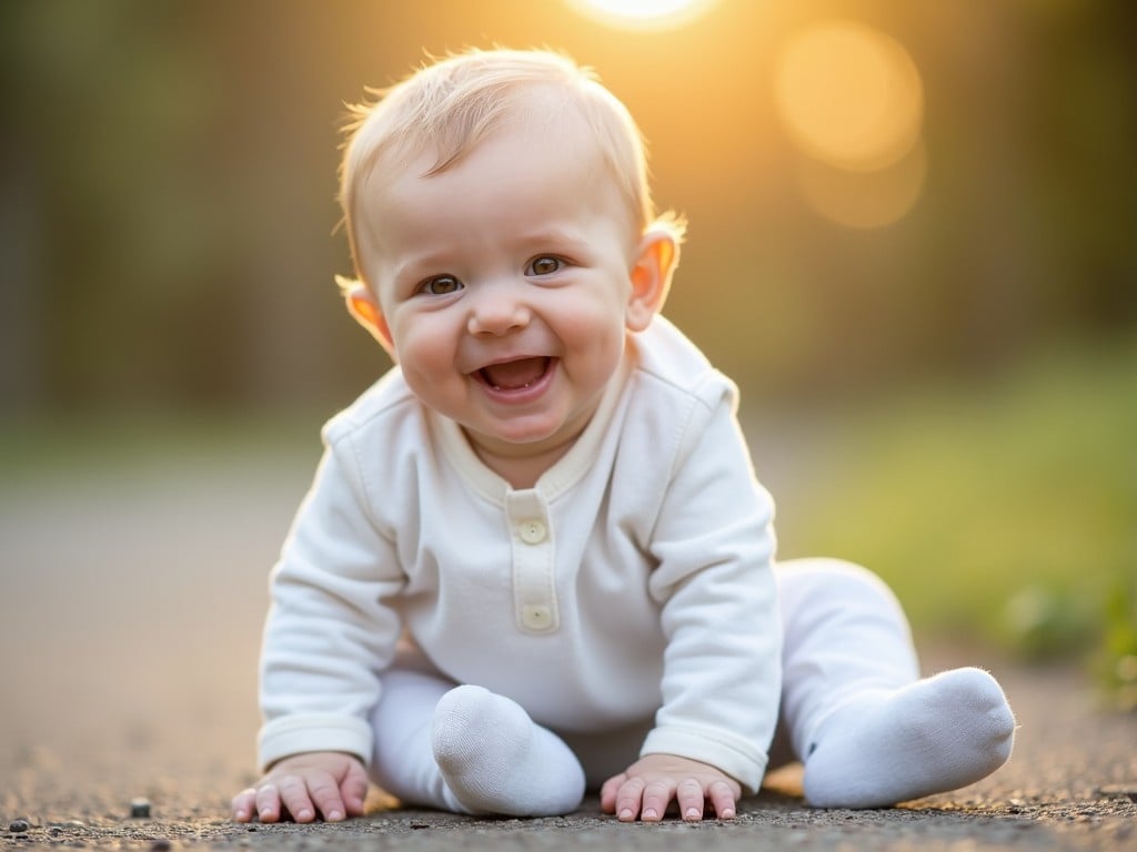 A joyful baby in a white outfit is sitting on a pathway outdoors, beaming with a wide smile. The background is softly out-of-focus, with golden sunlight creating a warm, serene atmosphere. This image captures the essence of innocence and happiness, enhanced by the glow of the setting sun.