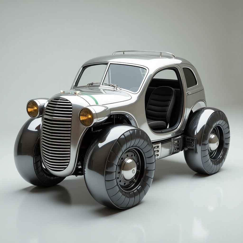 This image showcases a uniquely designed concept car, characterized by its polished aluminum finish and oversized tires. The car features a retro aesthetic fused with modern design elements, making it stand out in any setting. Its rounded body and distinct grille emit a quirky vibe, while the spacious interior adds to its appeal. This blend of classic and avant-garde makes it a conversation starter among auto enthusiasts. Ideal for design exhibitions or automotive marketing, it's a perfect representation of creativity in vehicle design.