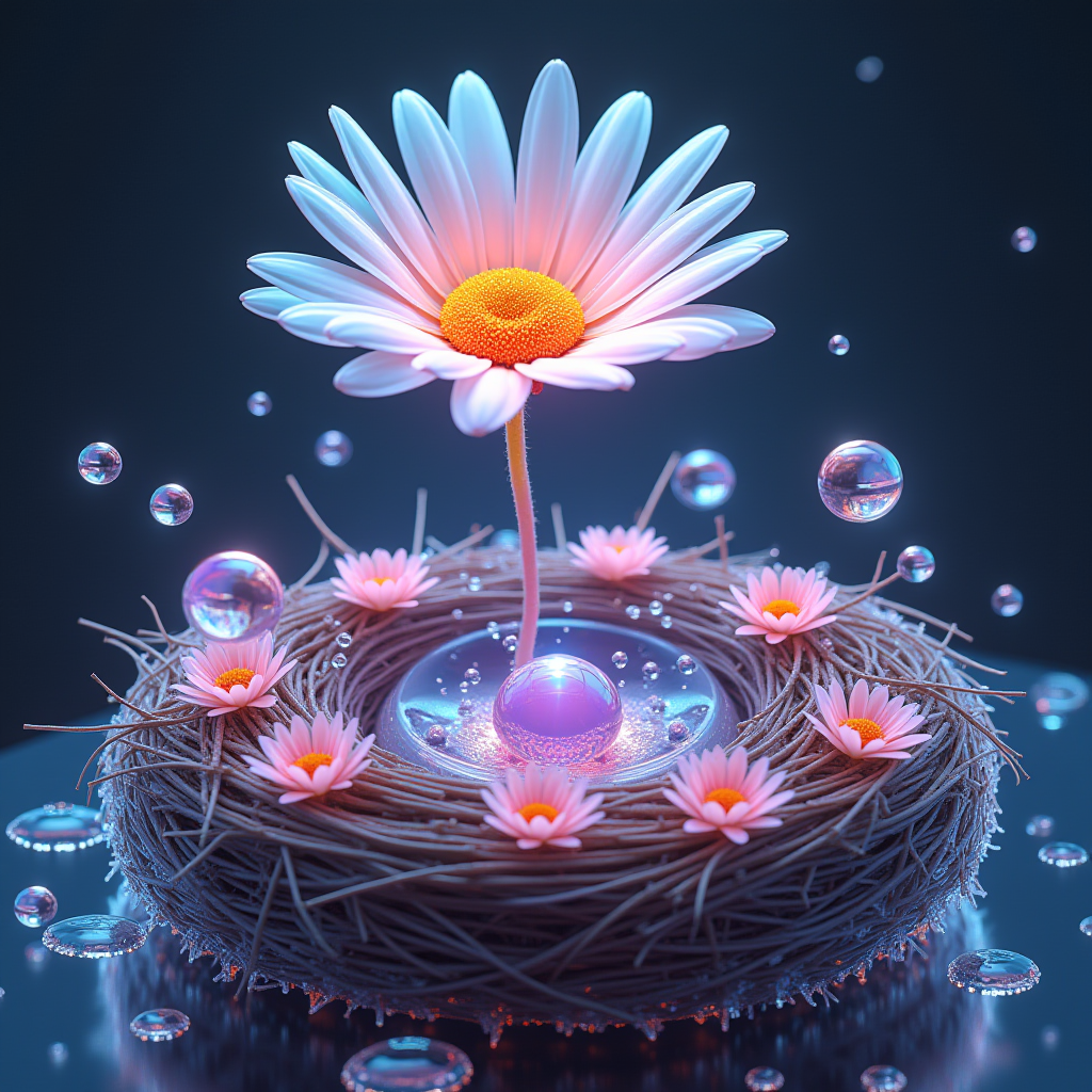 A luminous flower growing amidst a nest-like arrangement with glistening bubbles and a magical atmosphere.