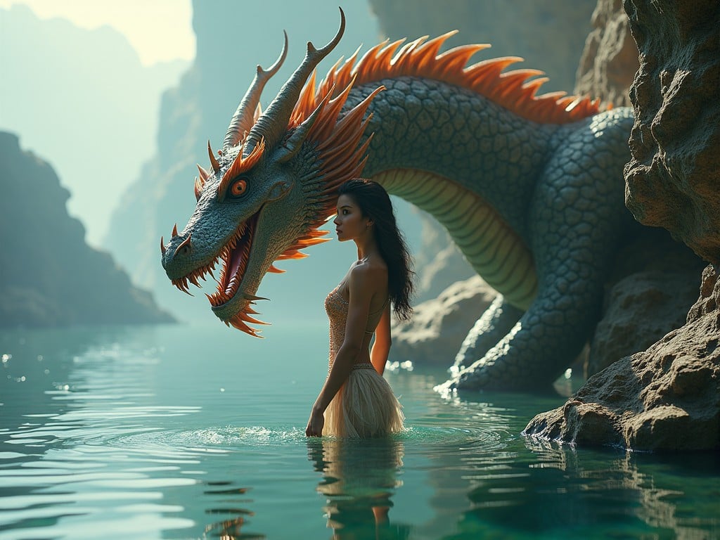 A beautiful woman stands in a serene body of water, her hair cascading down her back. She is dressed in a shimmering outfit that complements her surroundings. Behind her, a majestic dragon looms, its scales glistening in the soft light. The landscape is rugged and mystical, with high cliffs and a hazy background. The atmosphere is magical, evoking a sense of wonder and adventure.