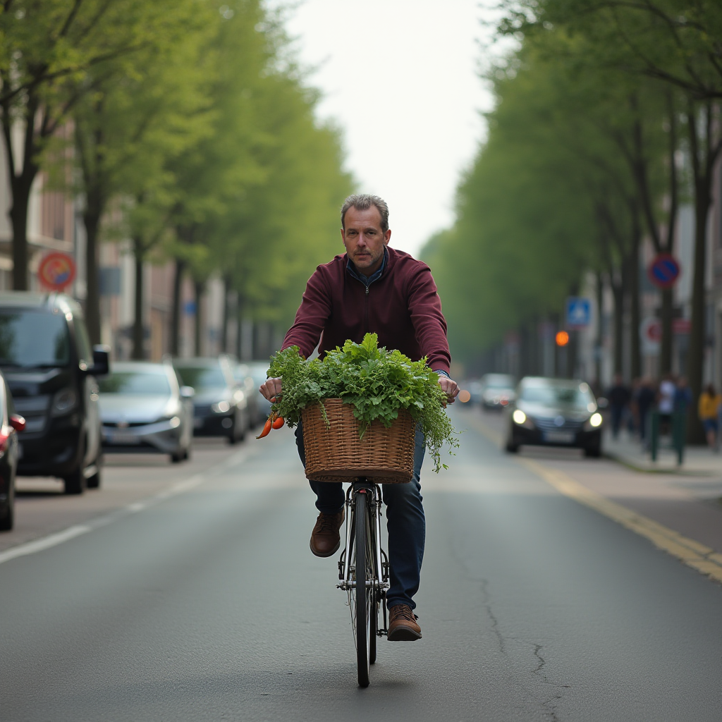 A man rides a bicycle down a city street carrying a basket full of fresh green plants.