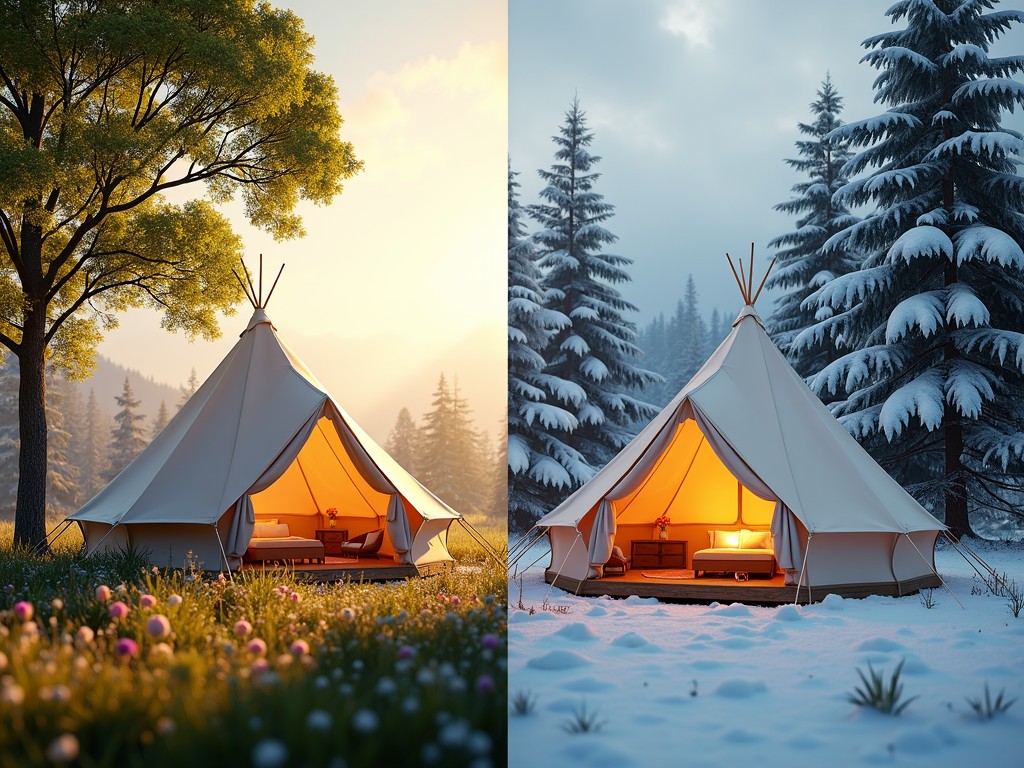 The image portrays two scenes of a cozy, illuminated tent set in different seasonal landscapes. On the left, the tent sits amidst a vibrant spring meadow under a warmly-lit tree, surrounded by blooming flowers. On the right, the same tent is nestled in a peaceful winter wonderland, with snow-covered pine trees creating a serene backdrop. The glowing interior of the tent contrasts beautifully with the distinct outdoor settings, illustrating a seamless transition between spring and winter.