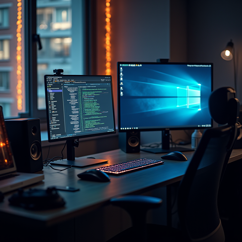 A modern office workspace with dual monitors displaying code and a desktop background.