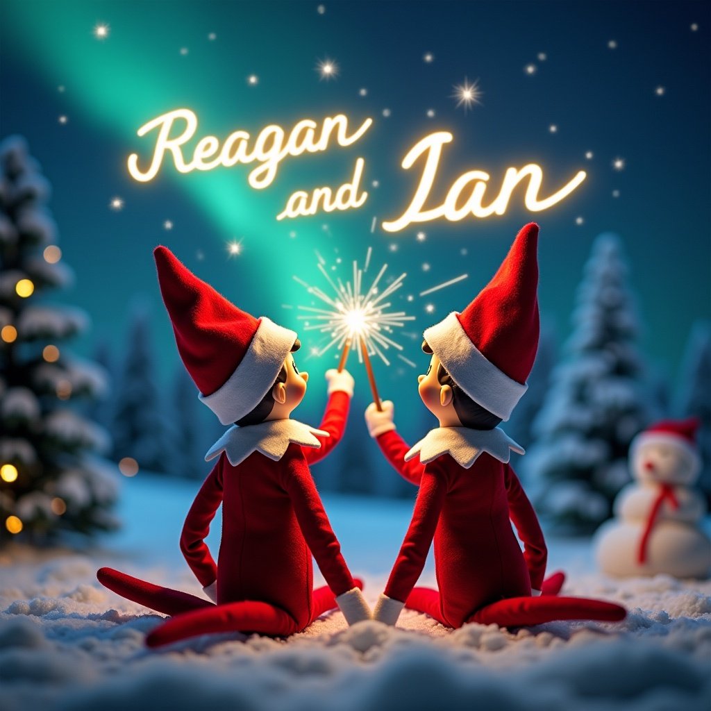 An enchanting Christmas scene features two elves on the shelf, who are positioned with their backs to the viewer. Dressed in festive red and white attire, the elves hold magic wands that create glowing scripts in the air saying 'Reagan' and 'Ian'. The enchanting backdrop boasts vibrant northern lights, infusing the atmosphere with a magical touch. Surrounded by snow and a festive ambiance, the elves radiate excitement and wonder. This whimsical portrayal encapsulates the joyful essence of the holiday season.