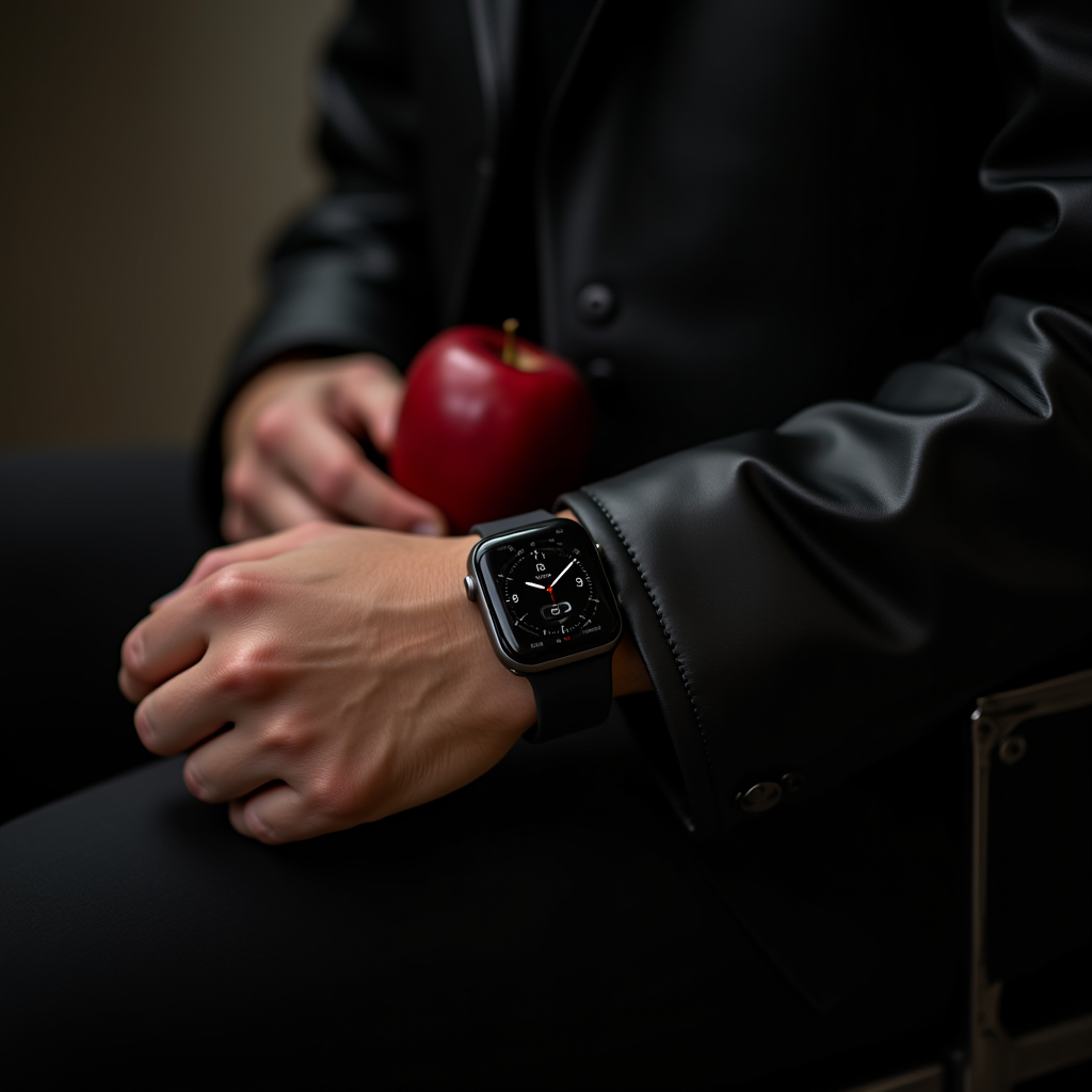 A wristwatch is contrasted against a black outfit, with a person holding a red apple.