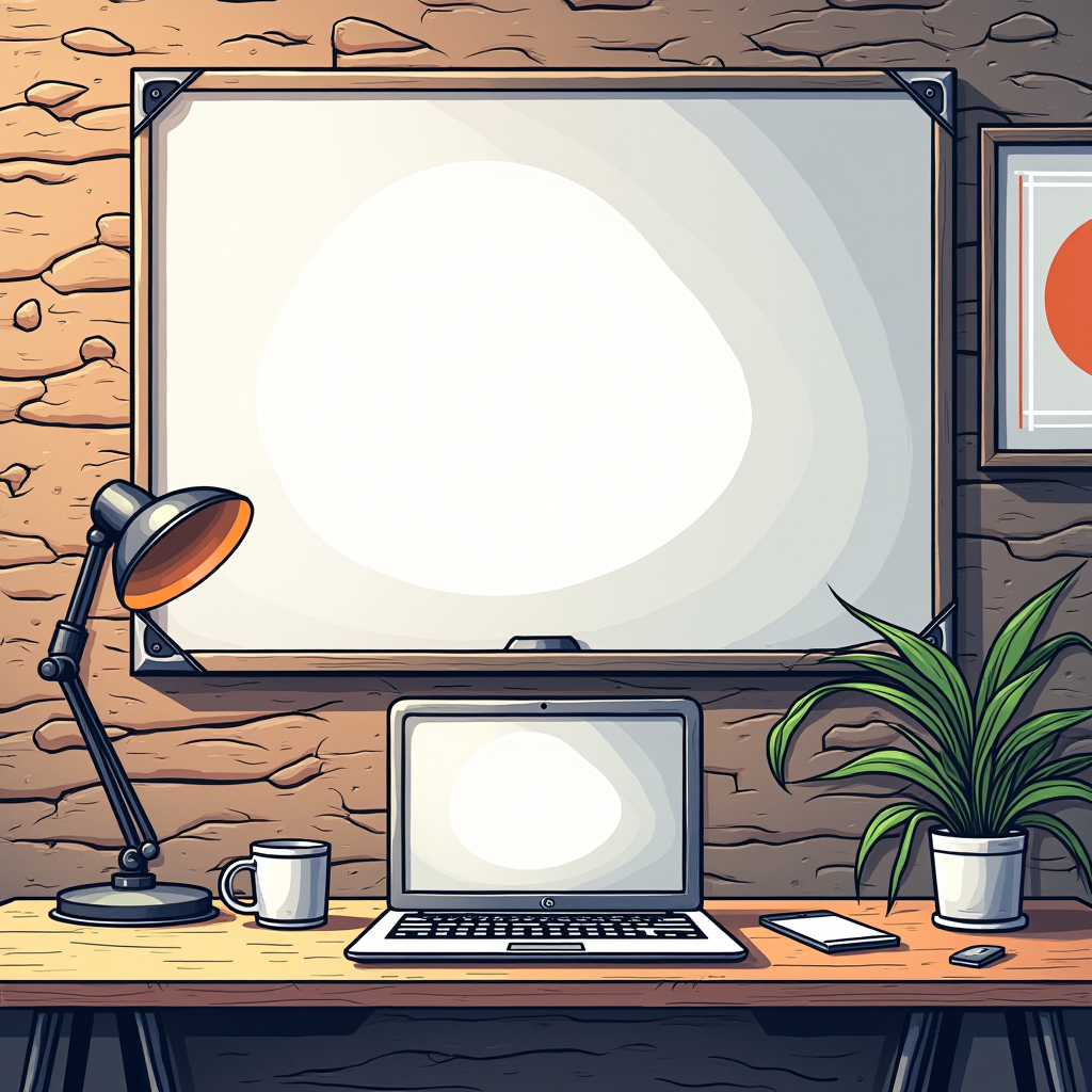 A cozy and organized office desk setup with a laptop, lamp, and potted plant against a wooden wall with a whiteboard.