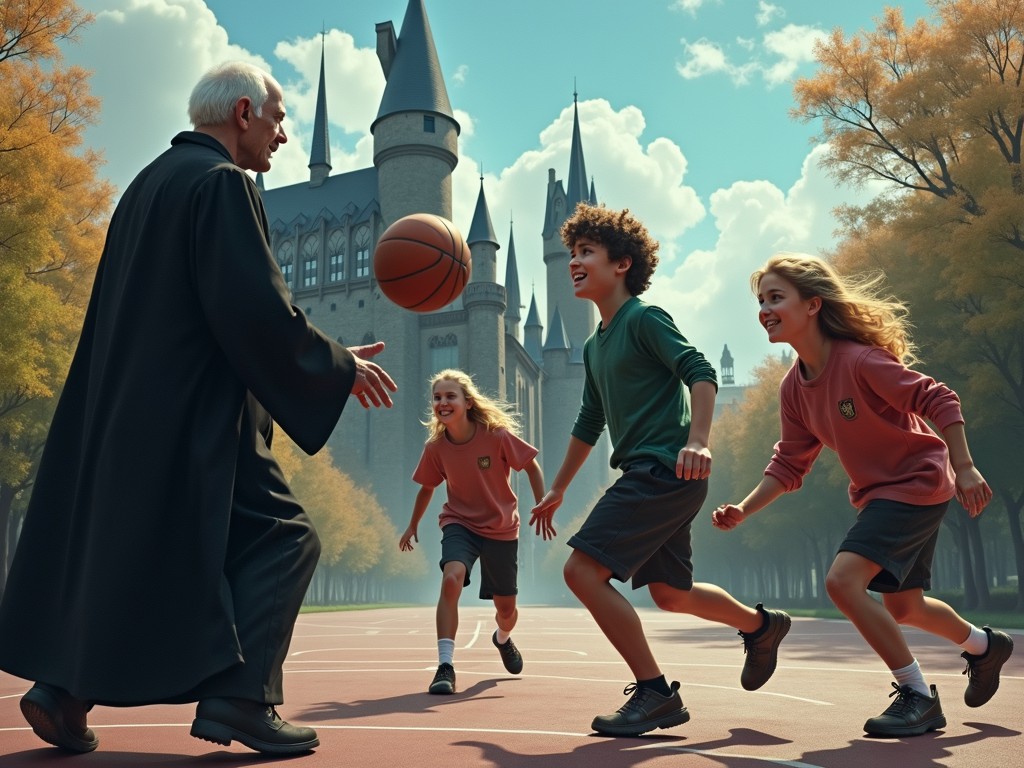 This whimsical image features an elderly man in a flowing robe playing basketball with three smiling children. Behind them stands a grand, castle-like structure reminiscent of a fantasy setting. The scene is set on a bright, sunny day with fall foliage providing a warm backdrop, adding to the magical and joyful atmosphere of the game.