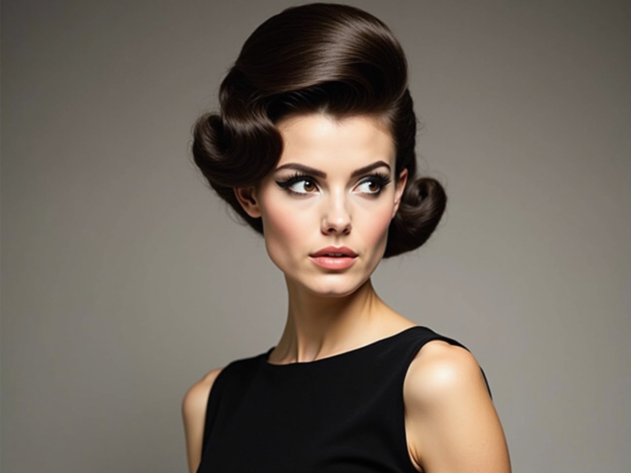 The image features a woman with a classic 1960s hairstyle, characterized by its voluminous height and elegant shape. She has striking makeup, emphasizing her eyes with bold eyeliner and her lips in a soft shade. The background is a muted gradient, which enhances her features. She wears a simple black dress that adds to her sophisticated look. The woman appears to be gazing slightly to the side, giving her a thoughtful expression.