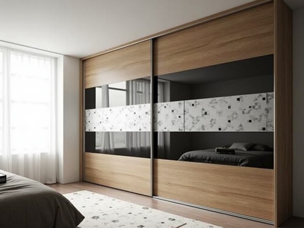 The image showcases a modern bedroom with a sleek wooden wardrobe featuring sliding doors. The wardrobe has a stylish design with a black and patterned white panel in the center, giving it a contemporary look. The room is softly lit by natural light streaming in through sheer white curtains covering a large window, creating a calm and inviting atmosphere.