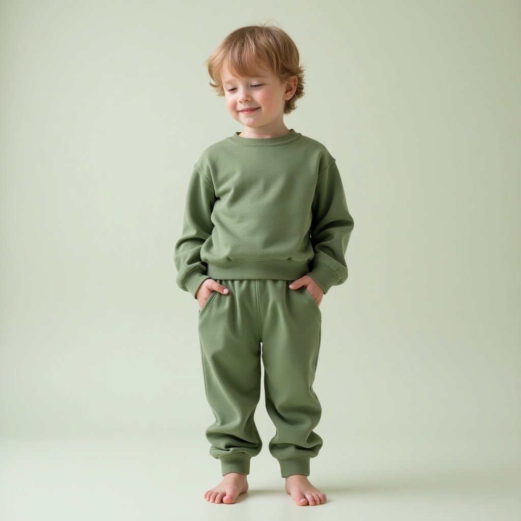 This image features a young child standing confidently in sage green joggers and a matching sweatshirt. The child has a joyful expression, with a slight smile, embodying comfort and style. They stand barefoot, with their hands casually in the pockets of their joggers. The background is a soft, complementary color that enhances the sage green of the clothing. This scene captures the essence of modern children's fashion, focusing on comfort and style for young kids. It makes an ideal representation of trendy, casual children's wear.