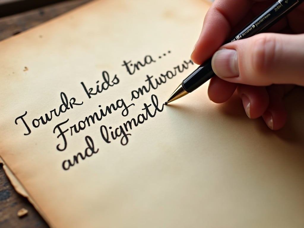 Image of a person writing calligraphy on aged paper with a fountain pen