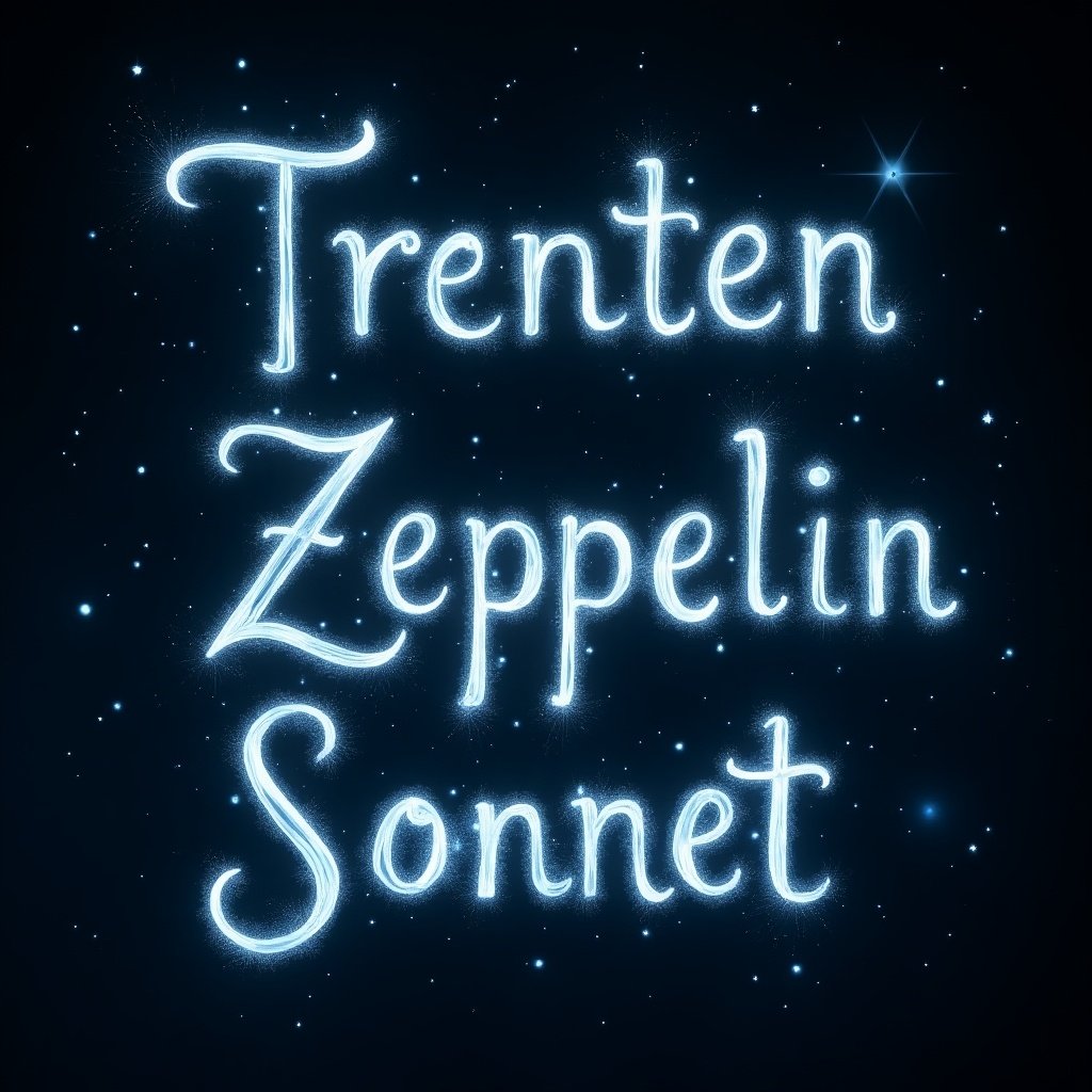 An elf is using a magical wand to write names in sparkling text against a starry night sky. The names 'Trenten', 'Zeppelin', and 'Sonnet' are elegantly crafted with a glowing effect. The background is dark, allowing the white and light blue letters to stand out vividly. The scene conveys a sense of magic and wonder, resembling a whimsical fairy tale. It captures the imagination, inviting viewers into a fantasy world.