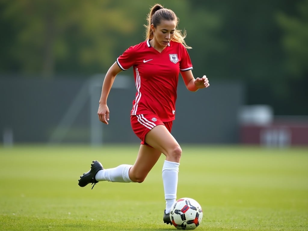 This image features a woman in action on a soccer field. She is wearing a red jersey and red shorts paired with white socks and black shoes. Her posture shows determination as she skillfully maneuvers the soccer ball. The background is a lush green field, providing a vibrant contrast to her uniform. This scene captures the essence of sports and athleticism, ideal for promoting soccer or athletic gear.