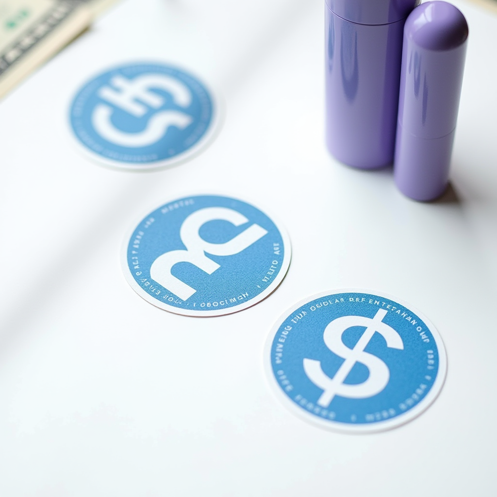 The image features blue circular cutouts with mirrored white currency symbols on a white background, alongside two vertical pastel purple tubes.