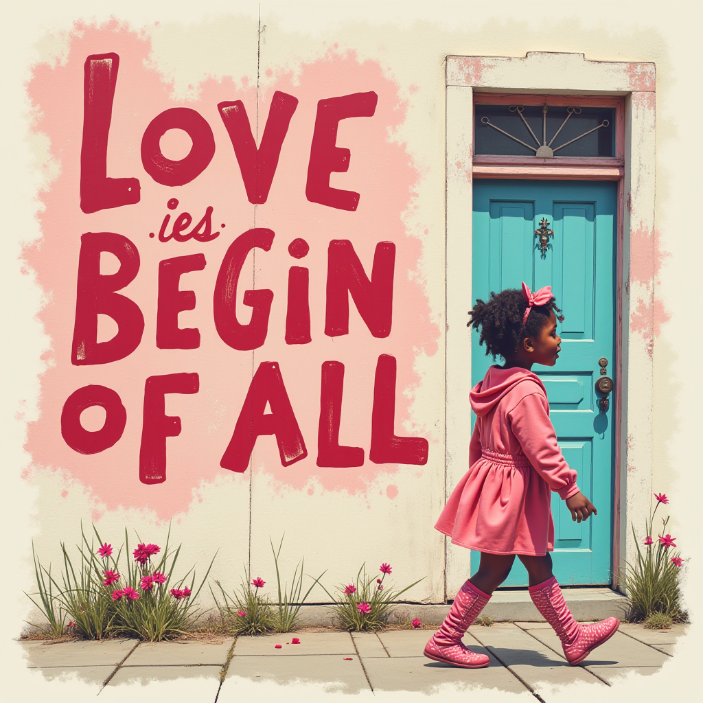 The image features a young girl walking past a vibrantly colored door. She's dressed in a pink outfit which matches her bow, and her socks and shoes are decorated with unique patterns. Beside her, the wall is painted with the text 'Love is Begin of All,' creating an eye-catching backdrop. The text is styled in a bold, hand-painted red font. Below the text, some bright pink flowers are planted, complementing the overall color scheme of the image.