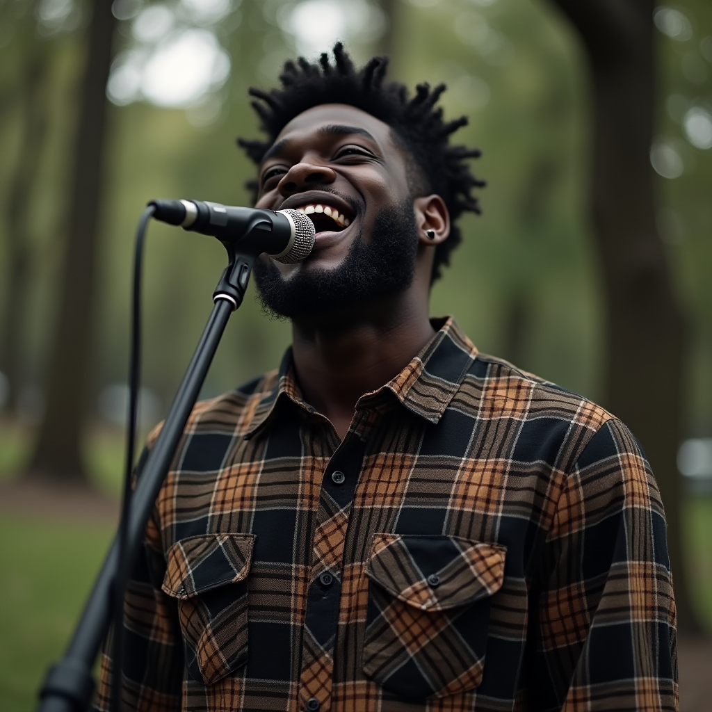 The image shows a young man with a joyful expression, passionately singing into a microphone. He's standing in an outdoor setting with lush, blurred greenery in the background, likely indicating a park or wooded area. The man is wearing a stylish, brown and black plaid button-up shirt, and his hair is styled in short twists. The composition captures a sense of enthusiasm and connection with nature, as the individual sings energetically.