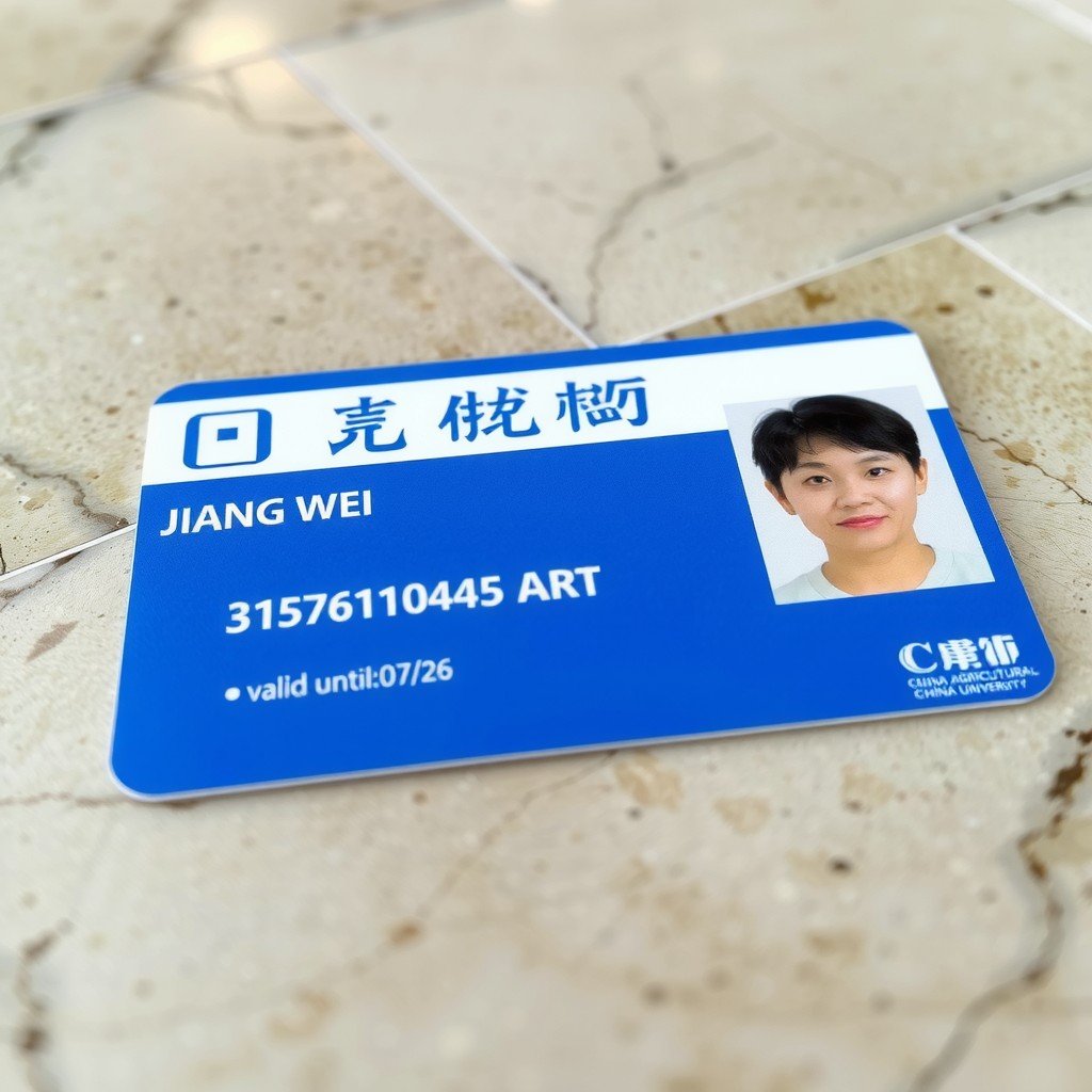 A student's ID card on a tiled surface with personal details visible.