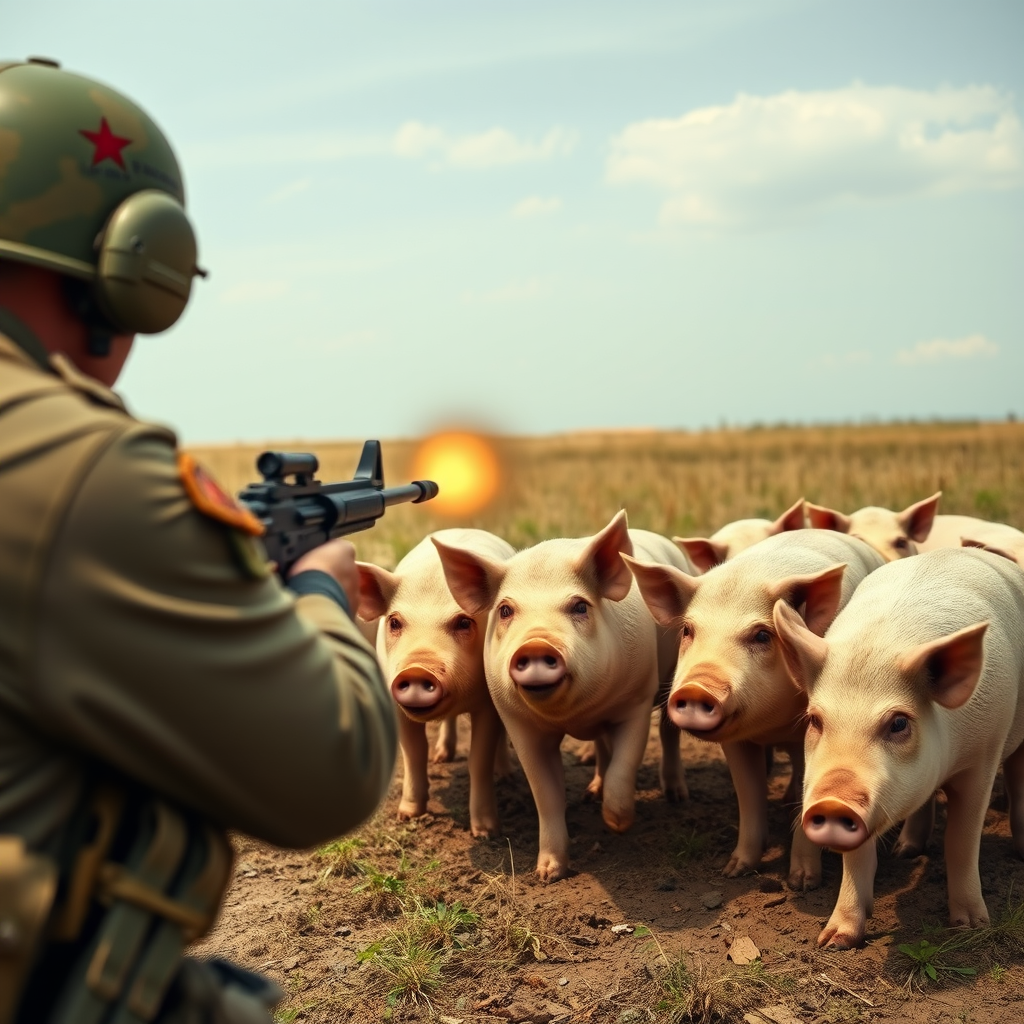 A soldier with a rifle faces a group of small pigs in a field.