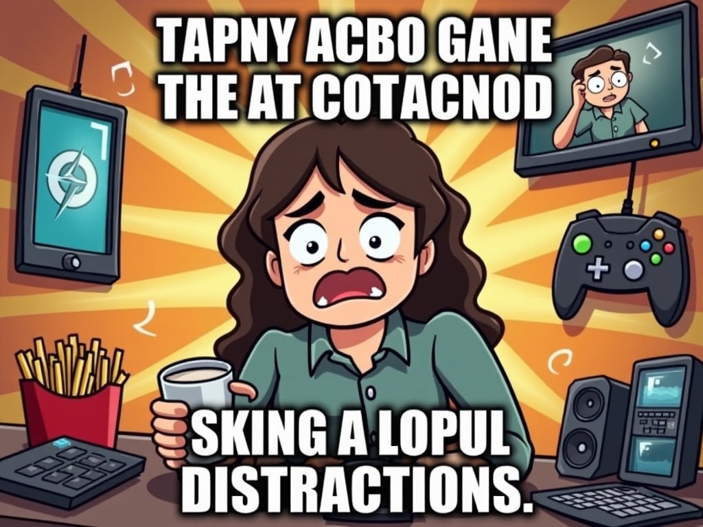 The image features a cartoon character looking shocked and overwhelmed in front of multiple screens displaying gaming consoles and PC setups. The character has dark brown hair and is holding a cup nervously. The background is bright yellow with rays that emphasize the character's stress. The screens display various gaming icons, and there are pens and a notepad indicating distractions. The overall tone is humorous, highlighting the struggles of managing gaming distractions in a lighthearted way.