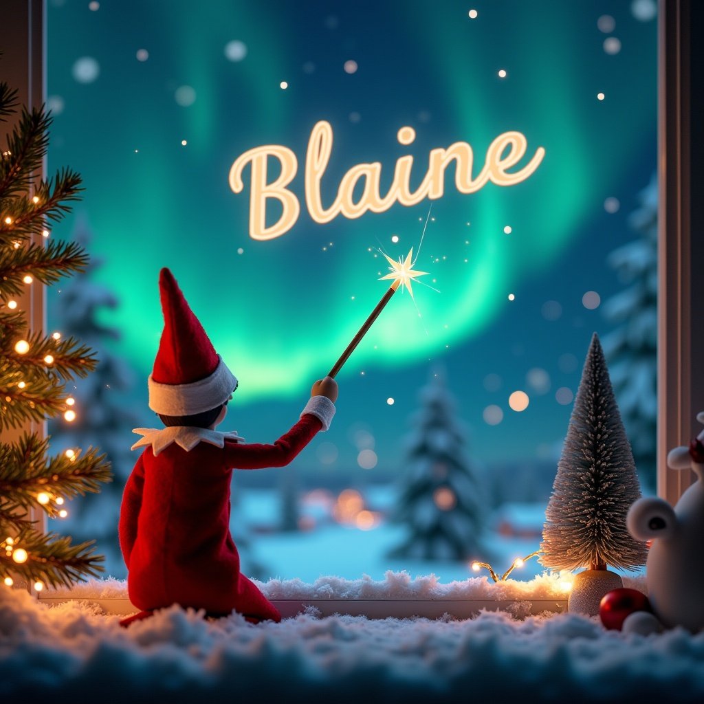 An Elf on the Shelf sits with its back to the viewer, gazing up at the night sky. This magical scene features the northern lights glowing vibrantly above. The elf holds a magic wand, gracefully writing the name 'Blaine' in the sky. A beautifully lit Christmas tree stands beside the window, adorned with twinkling fairy lights. Snow falls gently outside, completing this enchanting holiday atmosphere. The warm glow emanates from the room, inviting viewers into this magical moment.